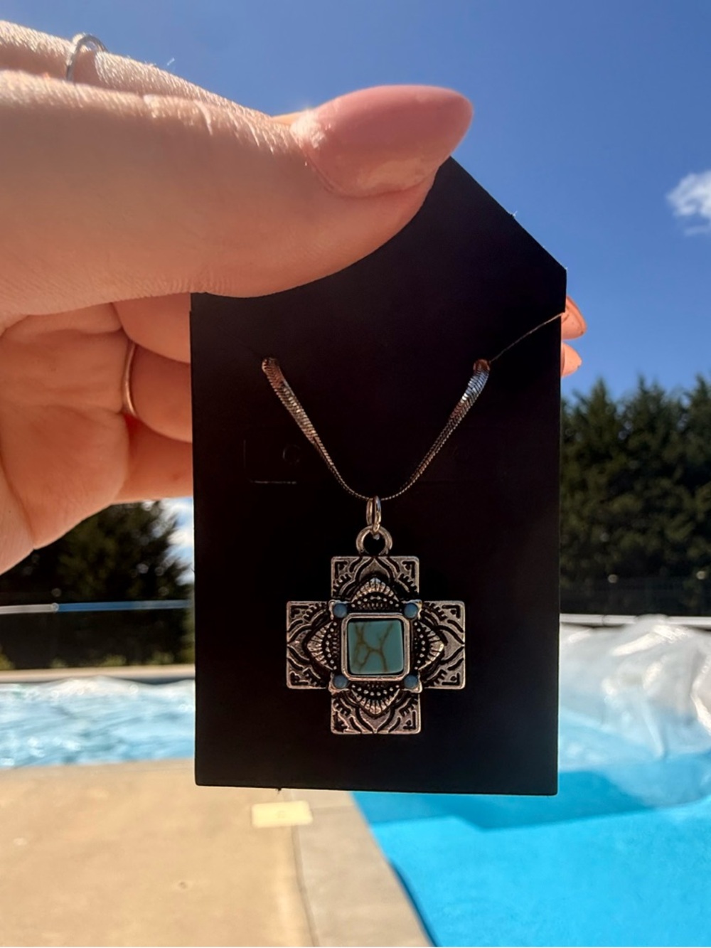 Faux Silver-Tone Turquoise Cross Pendant Necklace - Women Jewelry Handcrafted